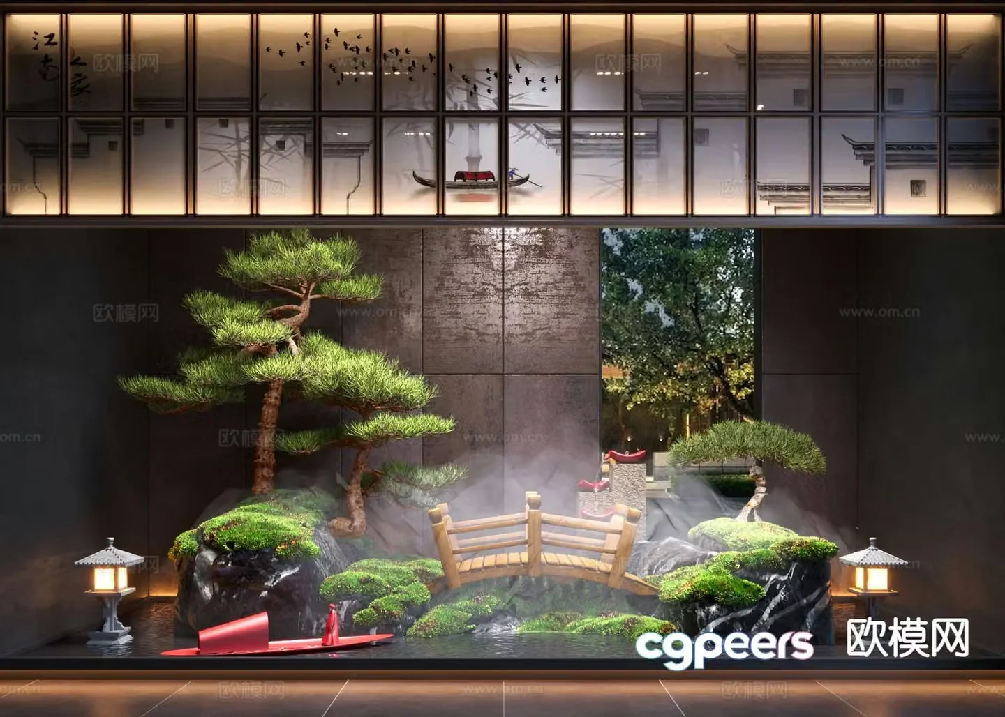 New Chinese style interior landscape pine tree sketch 3D model