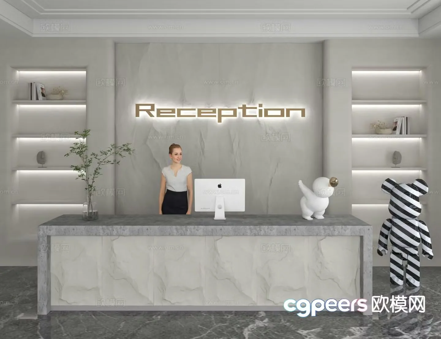 Modern rock front desk reception desk information desk office background 3d model