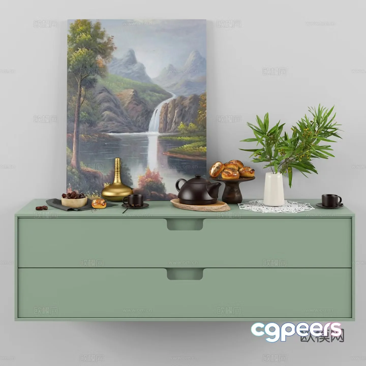 Nordic bread red dates teapot plant decoration cabinet 3d combination model 3d model