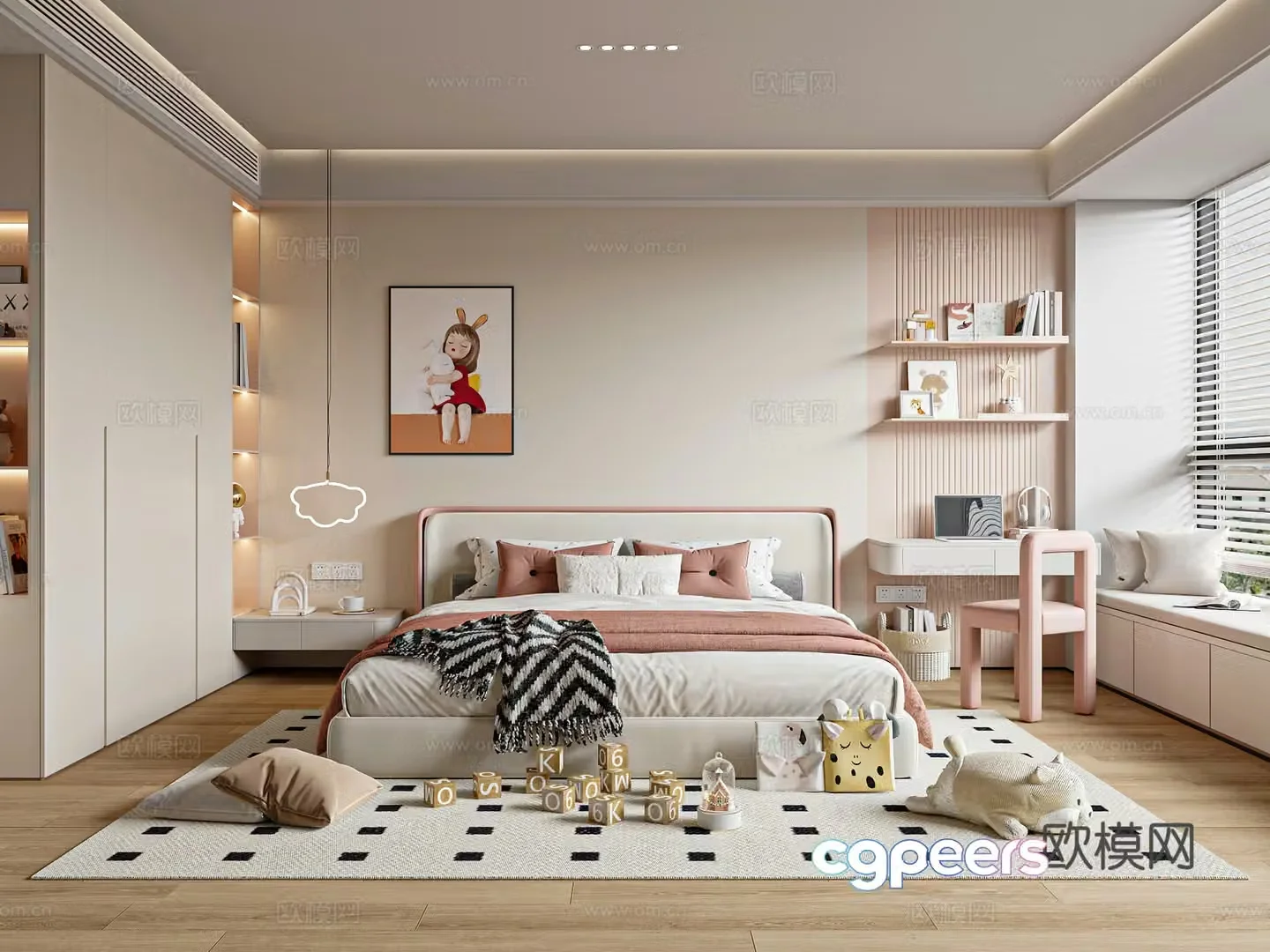 Modern creamy children’s room girls room double bed wardrobe 3d model