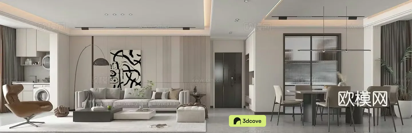 Modern living and dining room 3d model