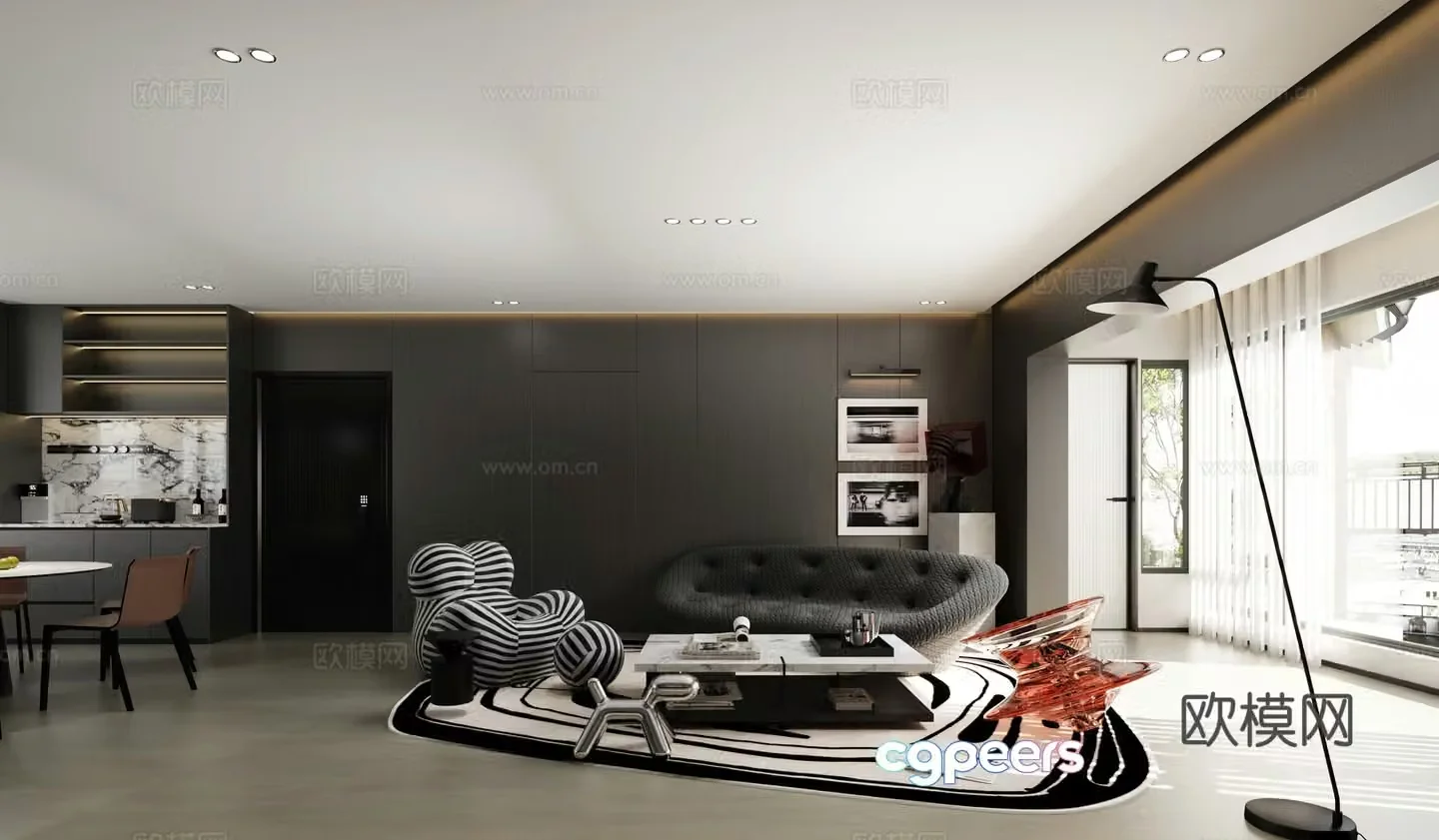 Black and white gray guest restaurant 3d model