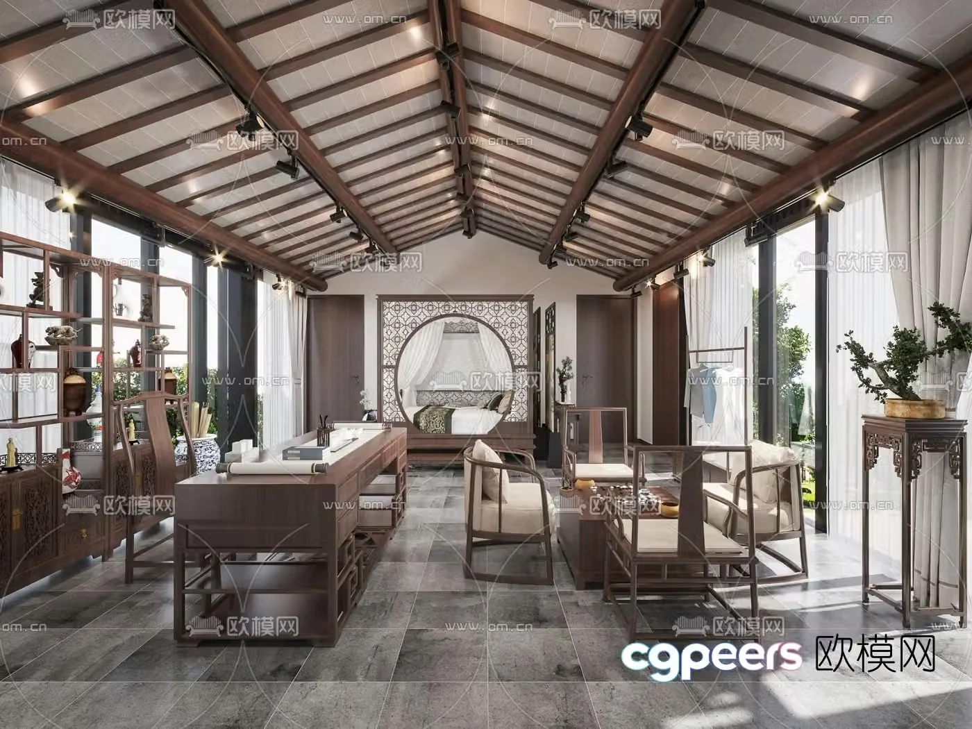 New Chinese style light luxury B&B 3D model