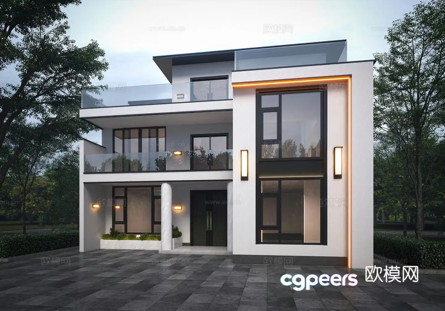 Modern villa exterior three-story single-family villa self-built villa 3D model