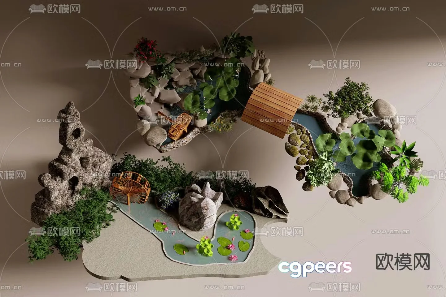 Landscape sketch lotus pond rockery and stone 3D model