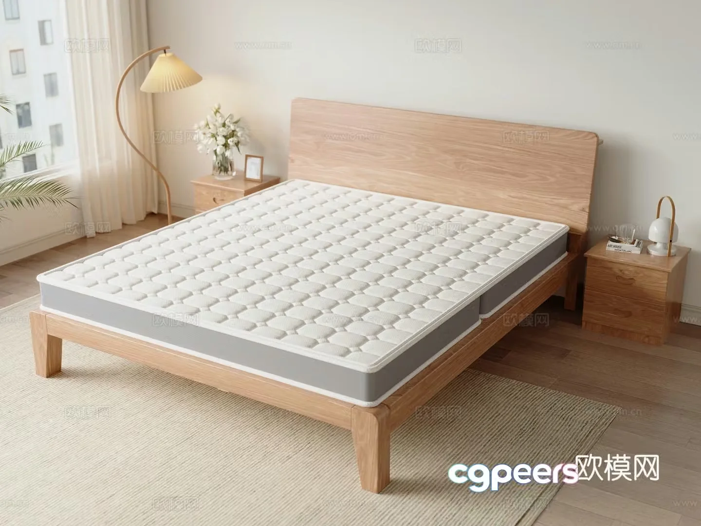 Solid wood double bed Simmons spring mattress 3d model