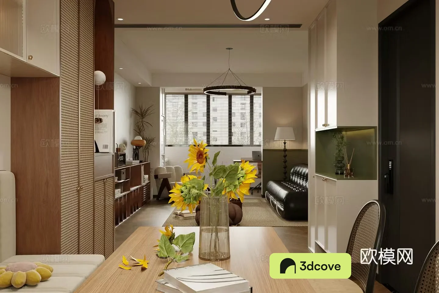 Middle style living room large flat floor living room sofa and coffee table combination middle style dining table and chair 3D model