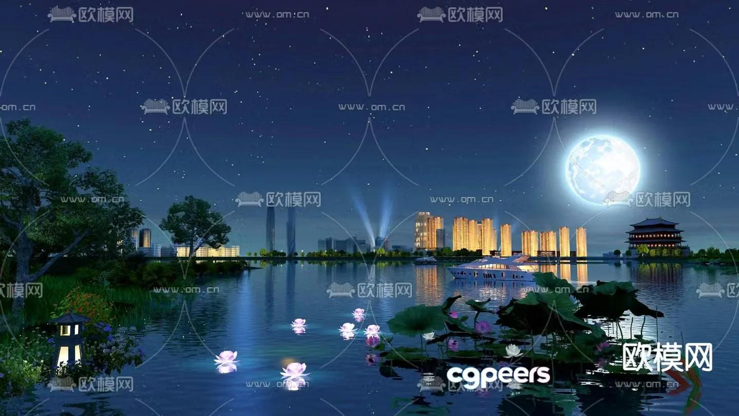 Wetland Park Lotus Lake Night Scene 3D Model