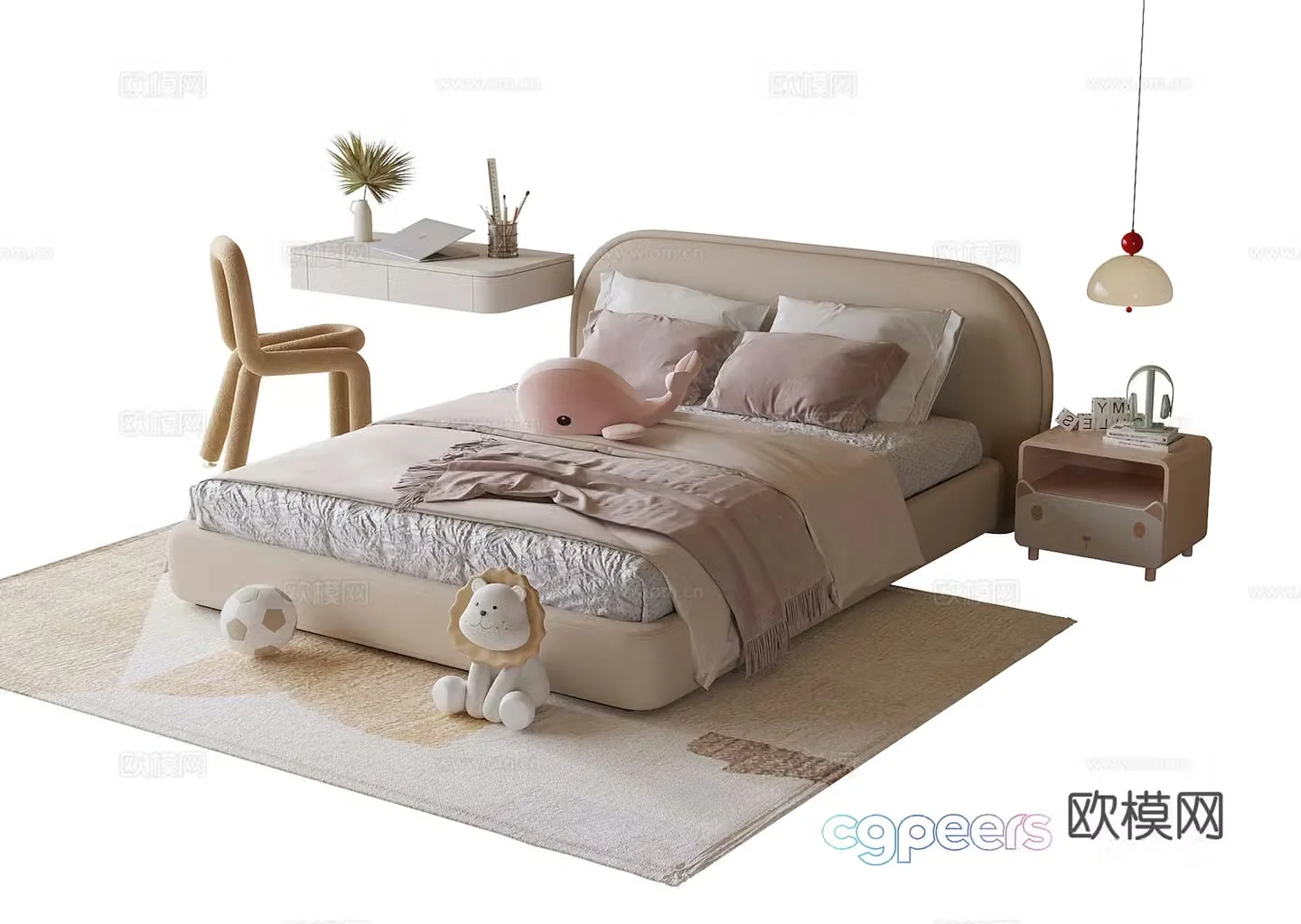 Modern children’s bed children’s desk and chair children’s bedside table 3D model