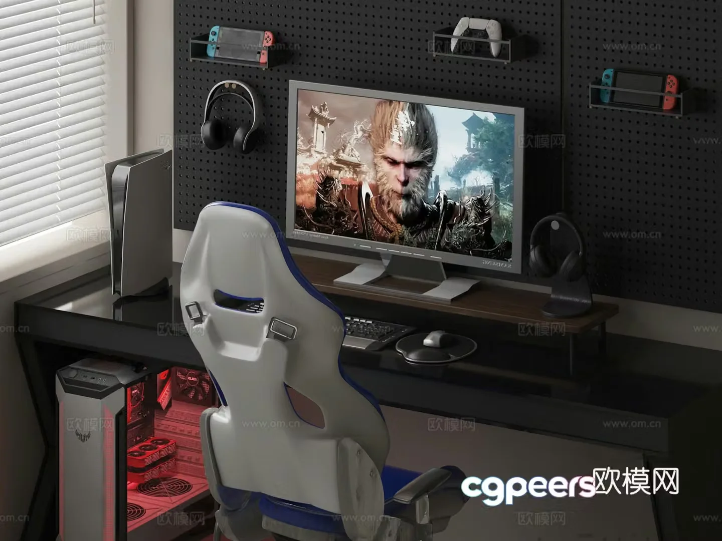 E-sports game table and chair computer headset 3d model