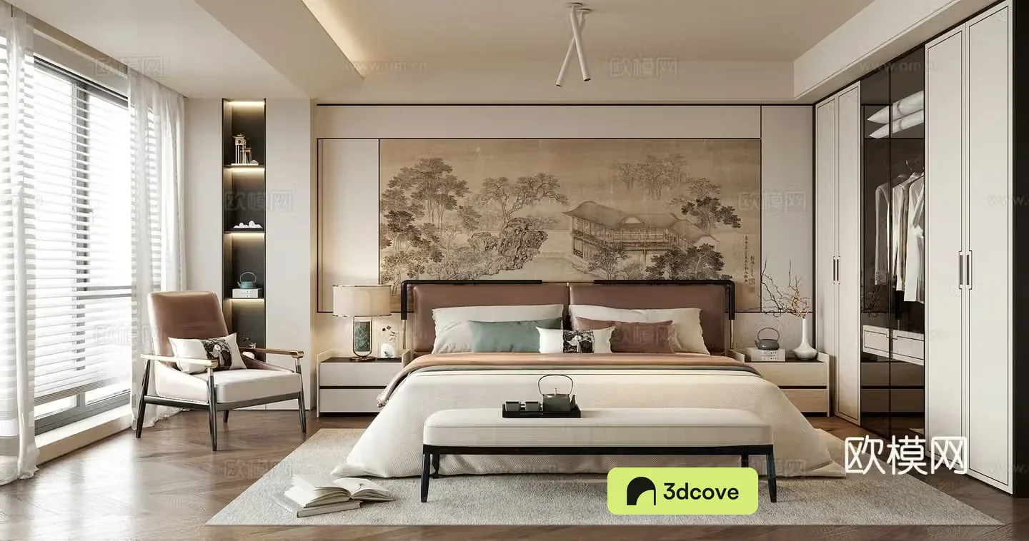 New Chinese style bedroom double bed tail stool bedside table