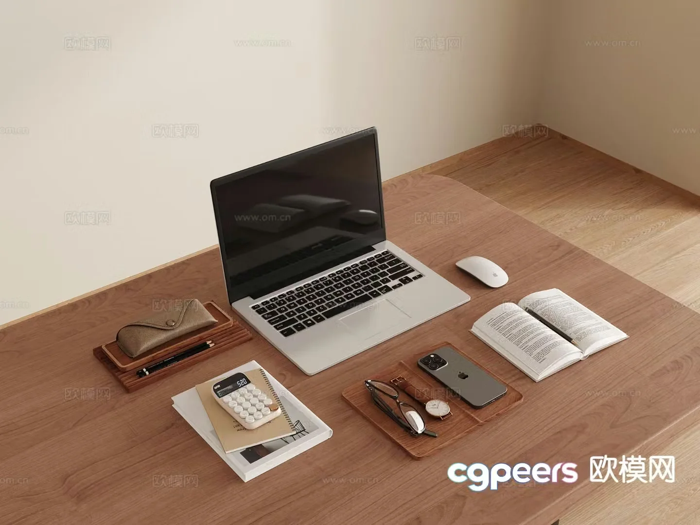 Office supplies laptop books mobile phone 3d model