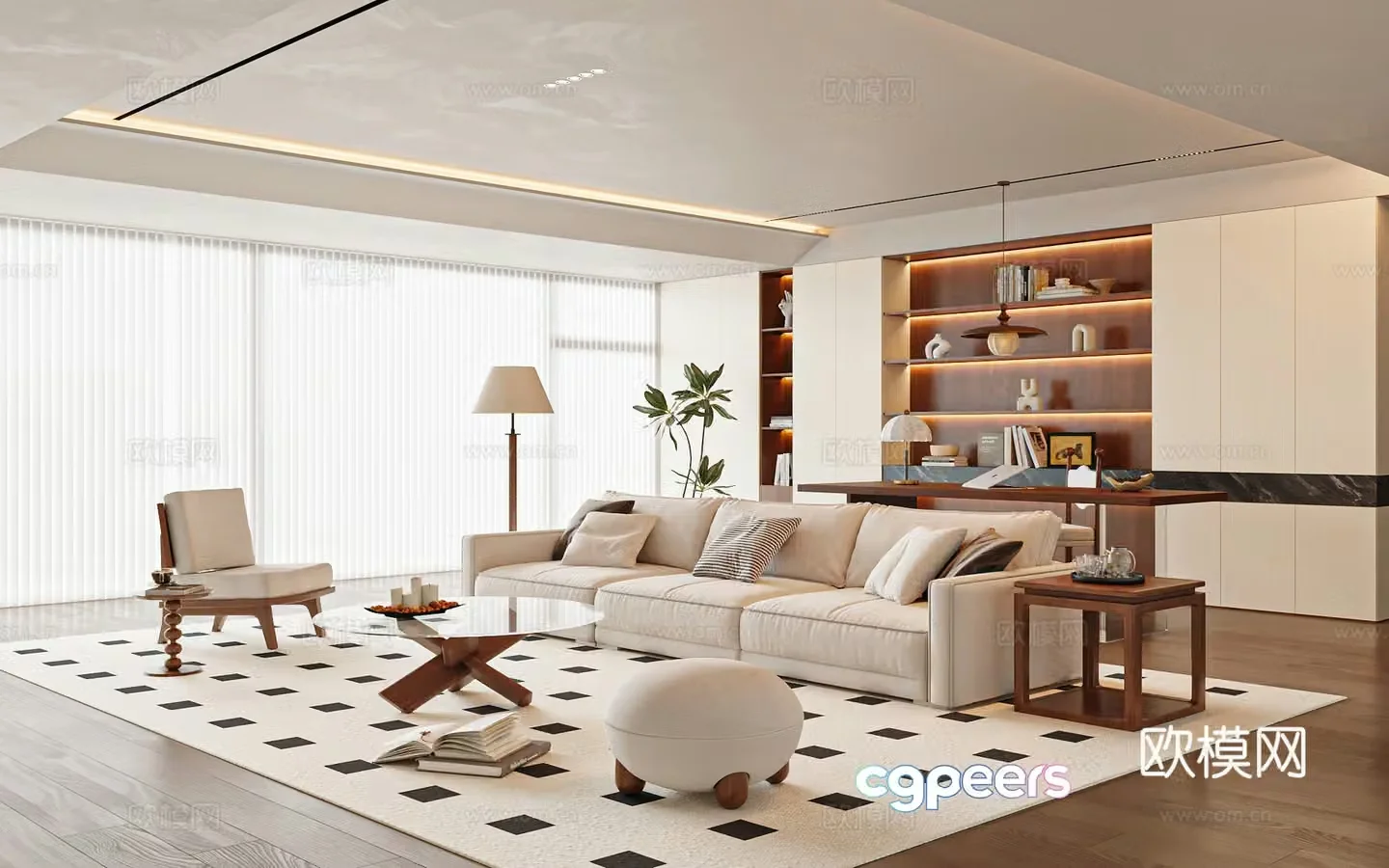 Modern medieval style living room living room and study sofa and coffee table bookcase 3d model