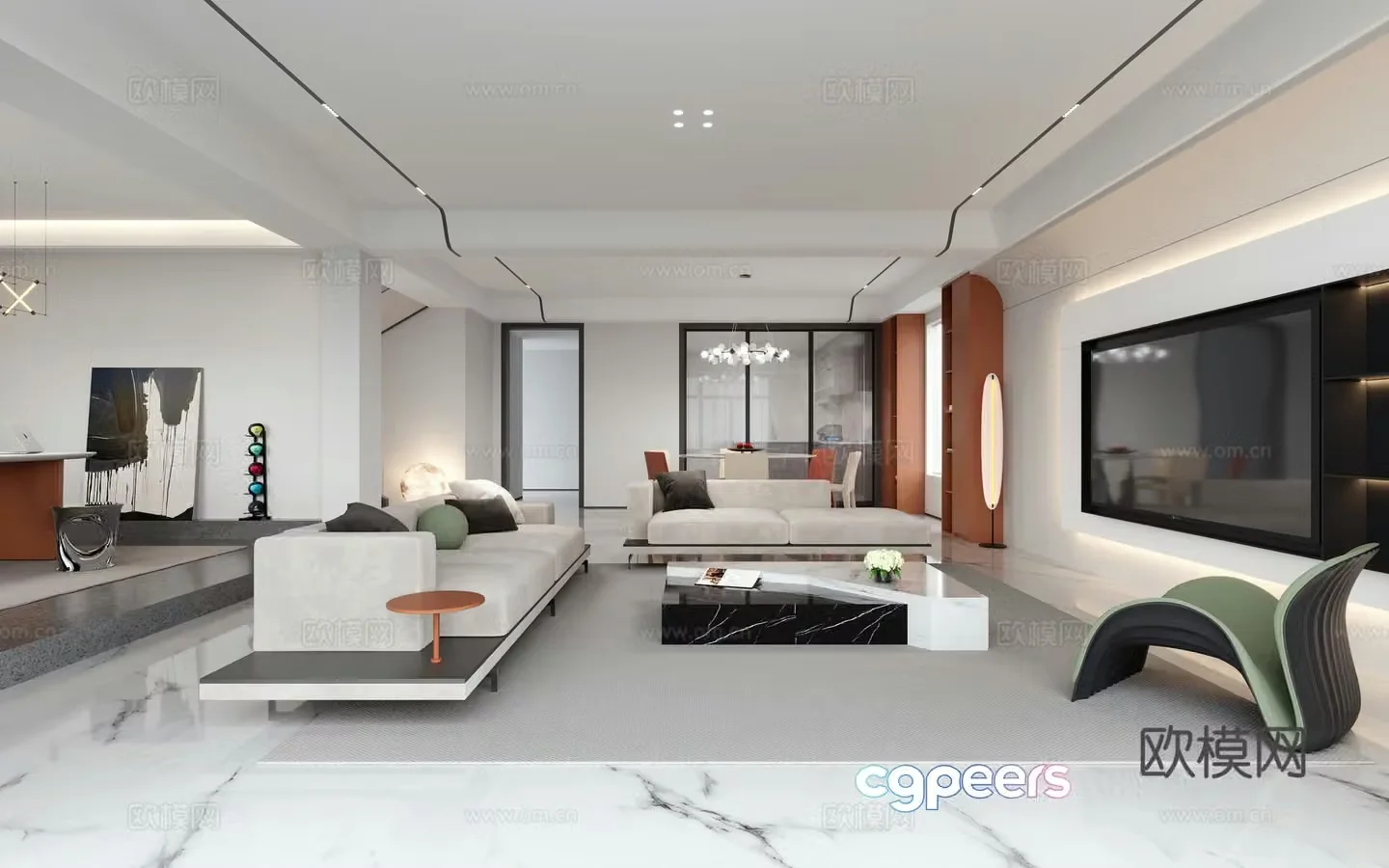 Modern living and dining room 3d model