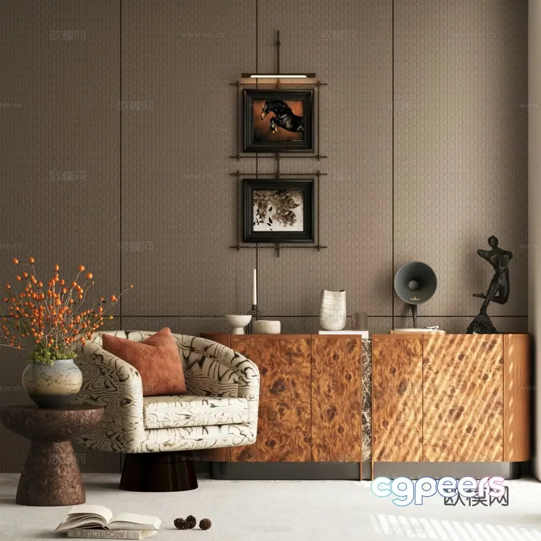 Modern leisure chair chest of drawers flower potted plants ornaments combination 3D model