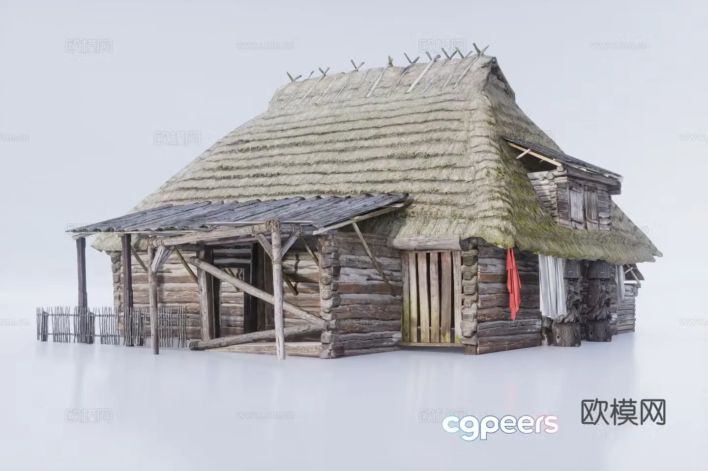 New Chinese style log cabin thatched house 3D model