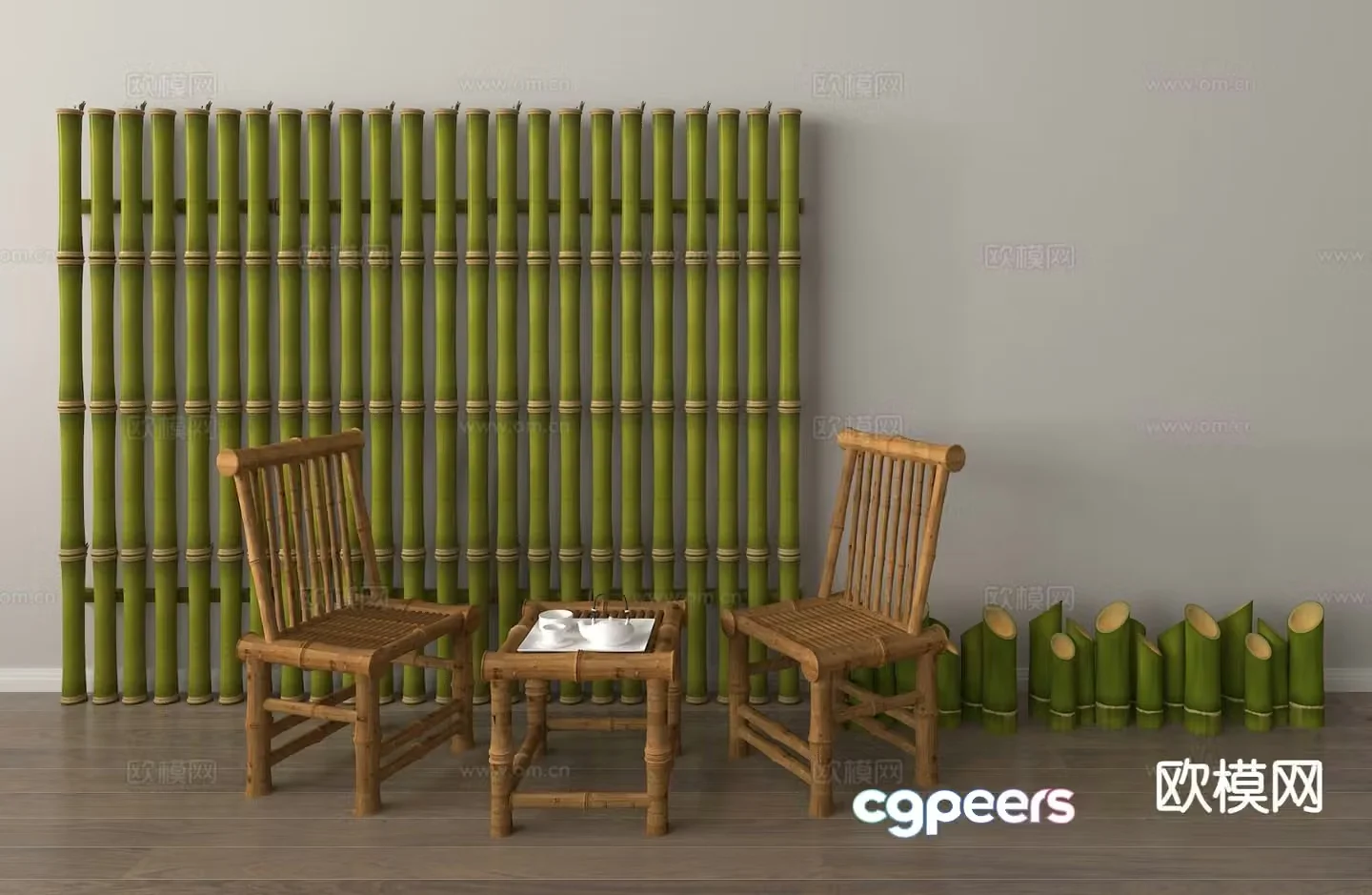 Chinese outdoor tables and chairs leisure tables and chairs bamboo chairs bamboo raft wall 3D model
