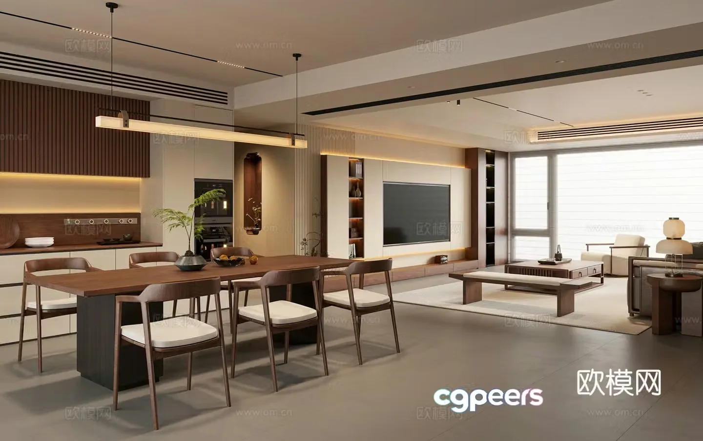 New Chinese style Chinese living room Song style living room Sofa coffee table combination TV cabinet Dining table chair 3D model