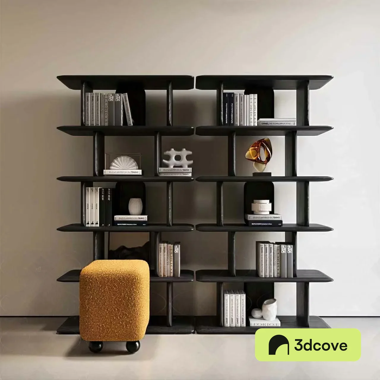 A Bookshelf With A Yellow Stool In Front Of It