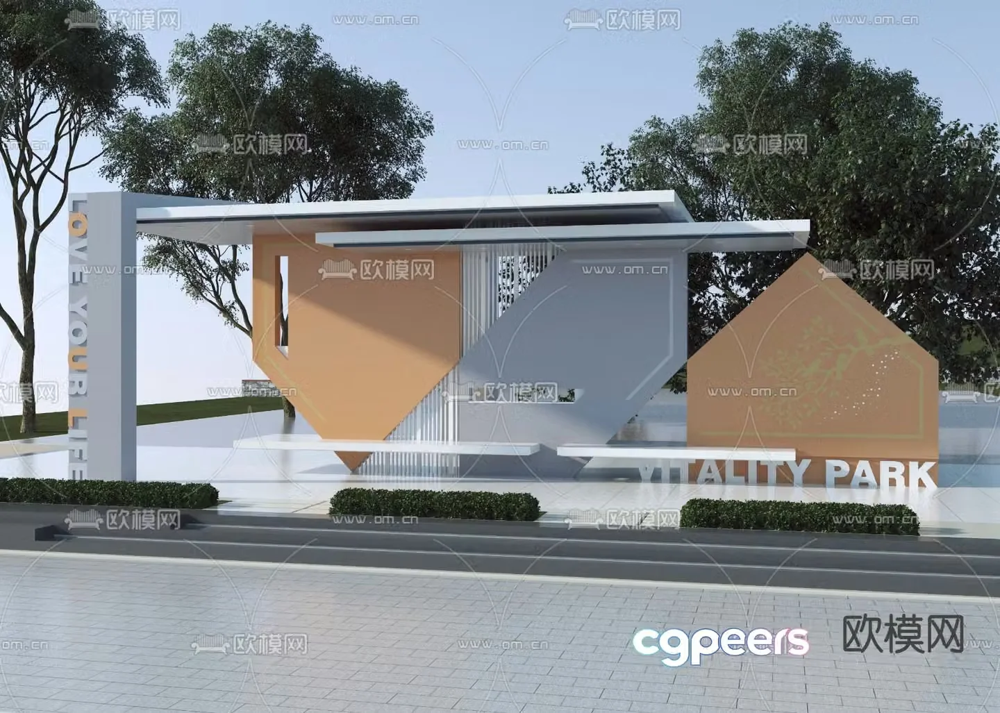 Landscape gallery outdoor promenade public seating 3D model