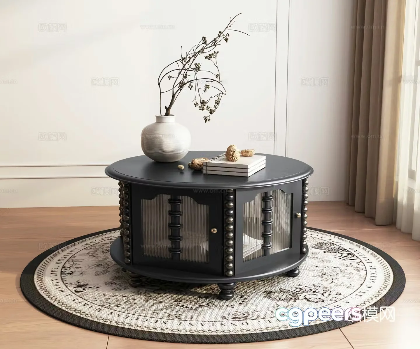 Retro American black walnut round coffee table living room coffee table stem ornament 3D model