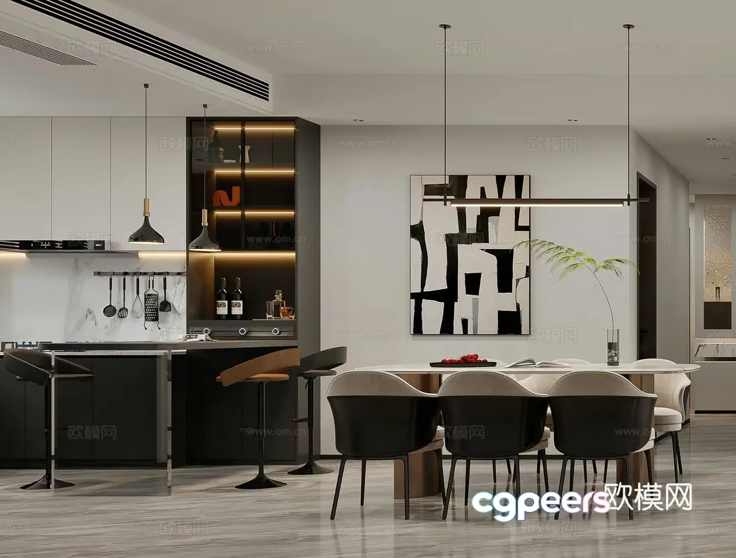 Modern restaurant Open kitchen Dining table Bar Wine cabinet Shoe cabinet Light luxury restaurant 3D model