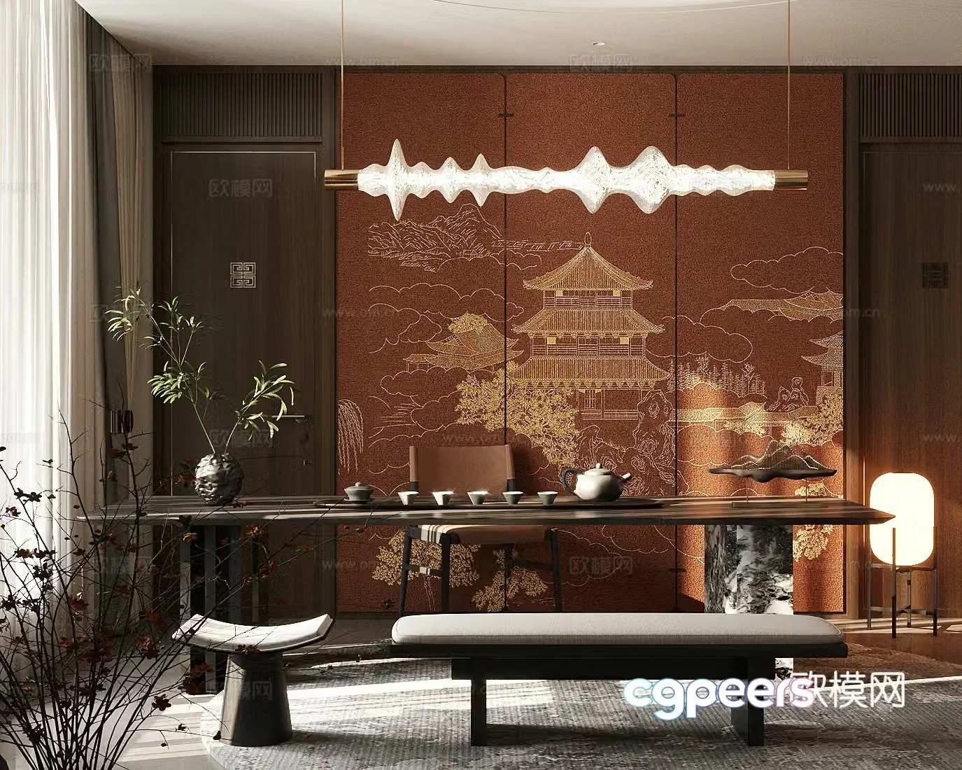New Chinese-style tea room Club tea room Tea table and chair combination Chandelier 3D model
