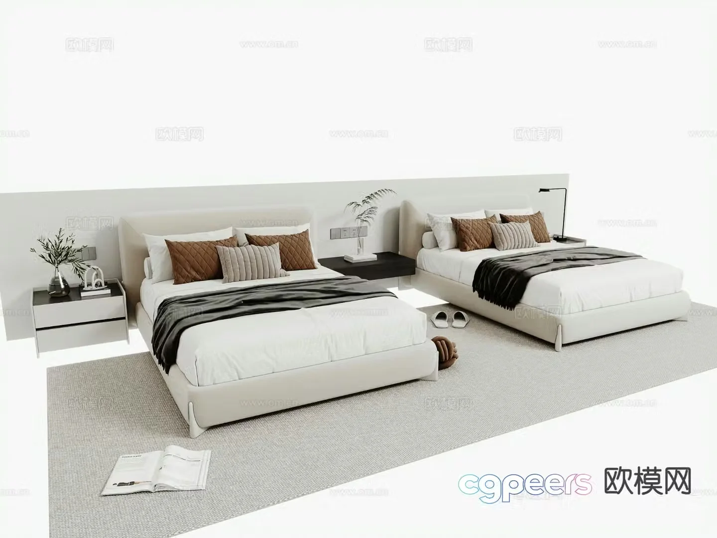 Modern single bed hotel room bed standard room bed 3d model