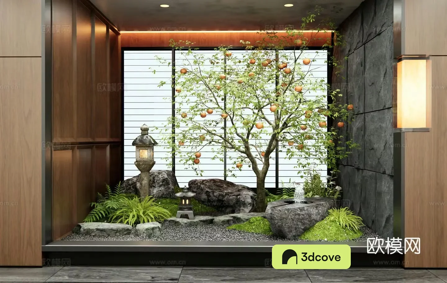 Modern interior landscape Persimmon tree Fruit tree Landscape stone Waterscape Water bowl Ting step Plant