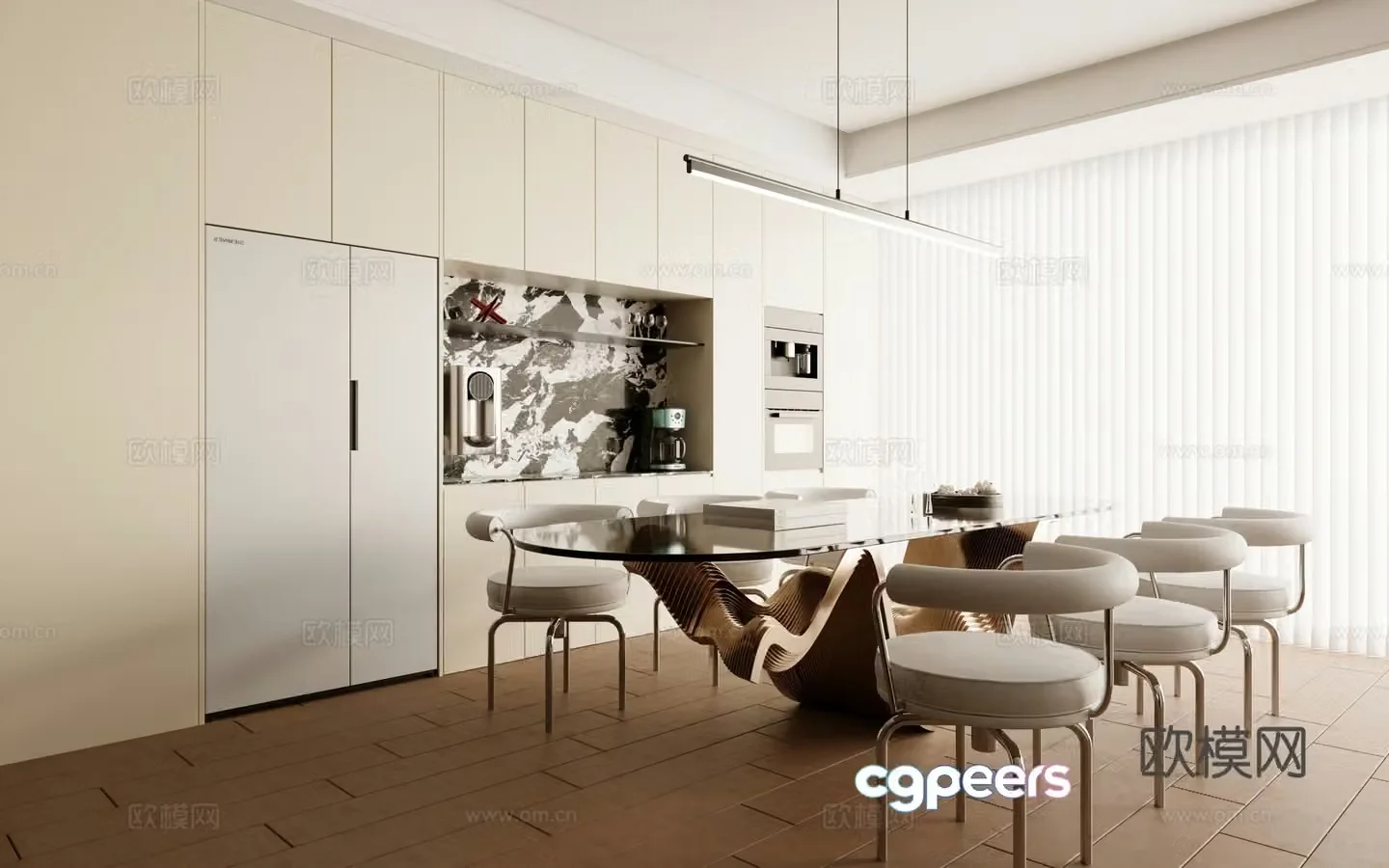 Modern Italian home restaurant creamy style open walk-in long table high-end 3D model
