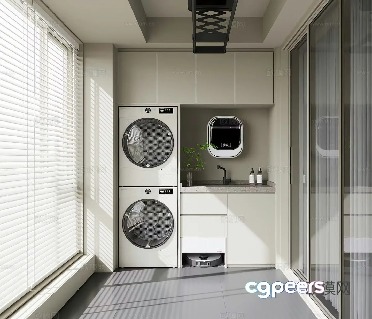 Modern balcony washing machine cabinet clothes drying rack sweeping robot 3D model