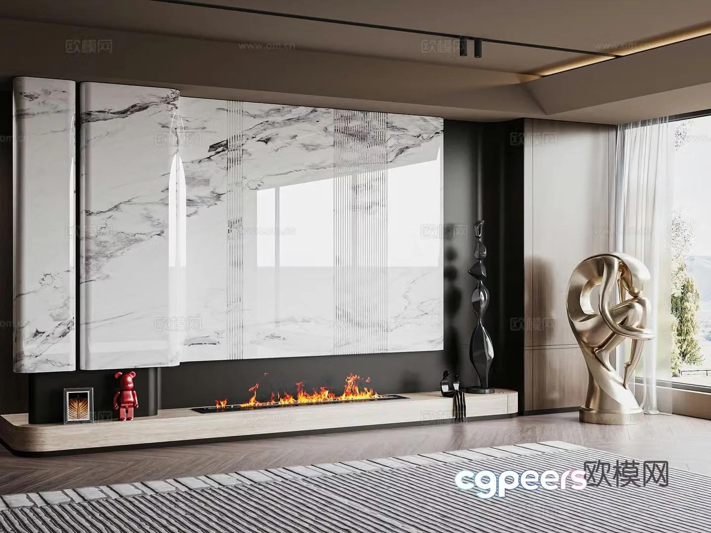 Middle style living room TV background wall marble background wall 3d model