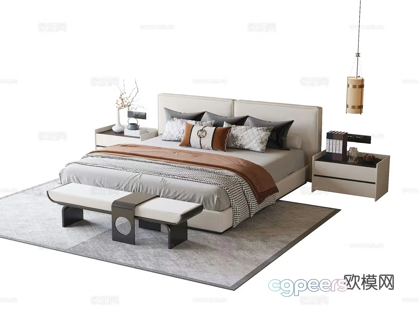 New Chinese style double bed bed tail stool bedside table 3D model