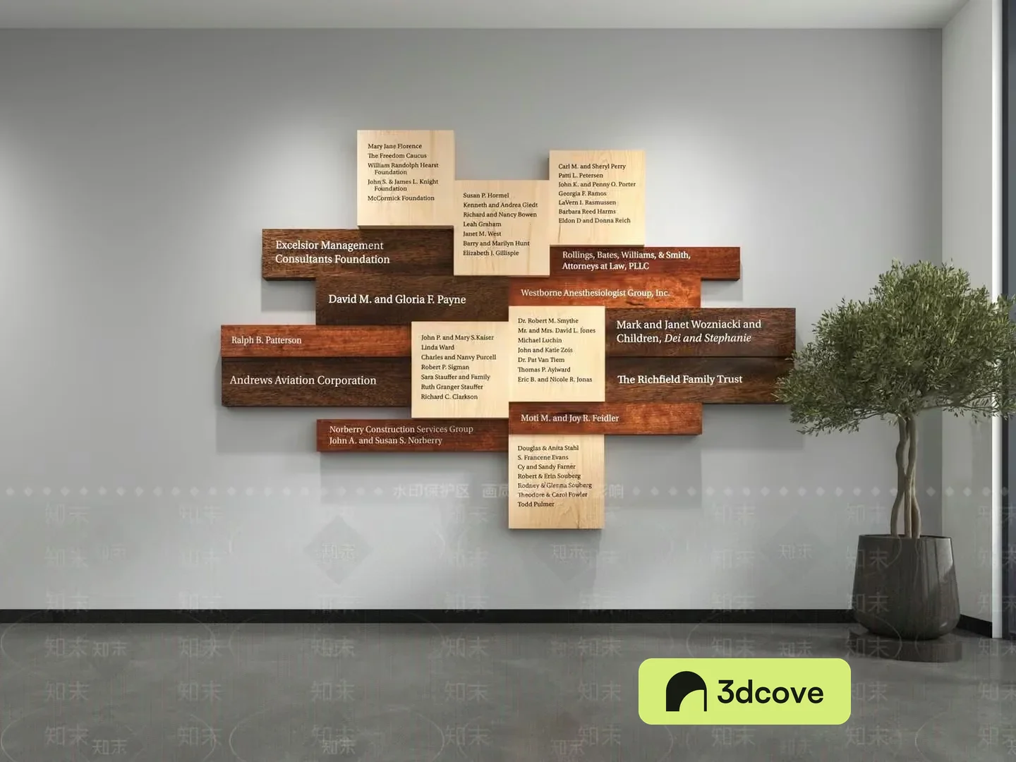 A Wooden Wall Plaque With Names And Organizations
