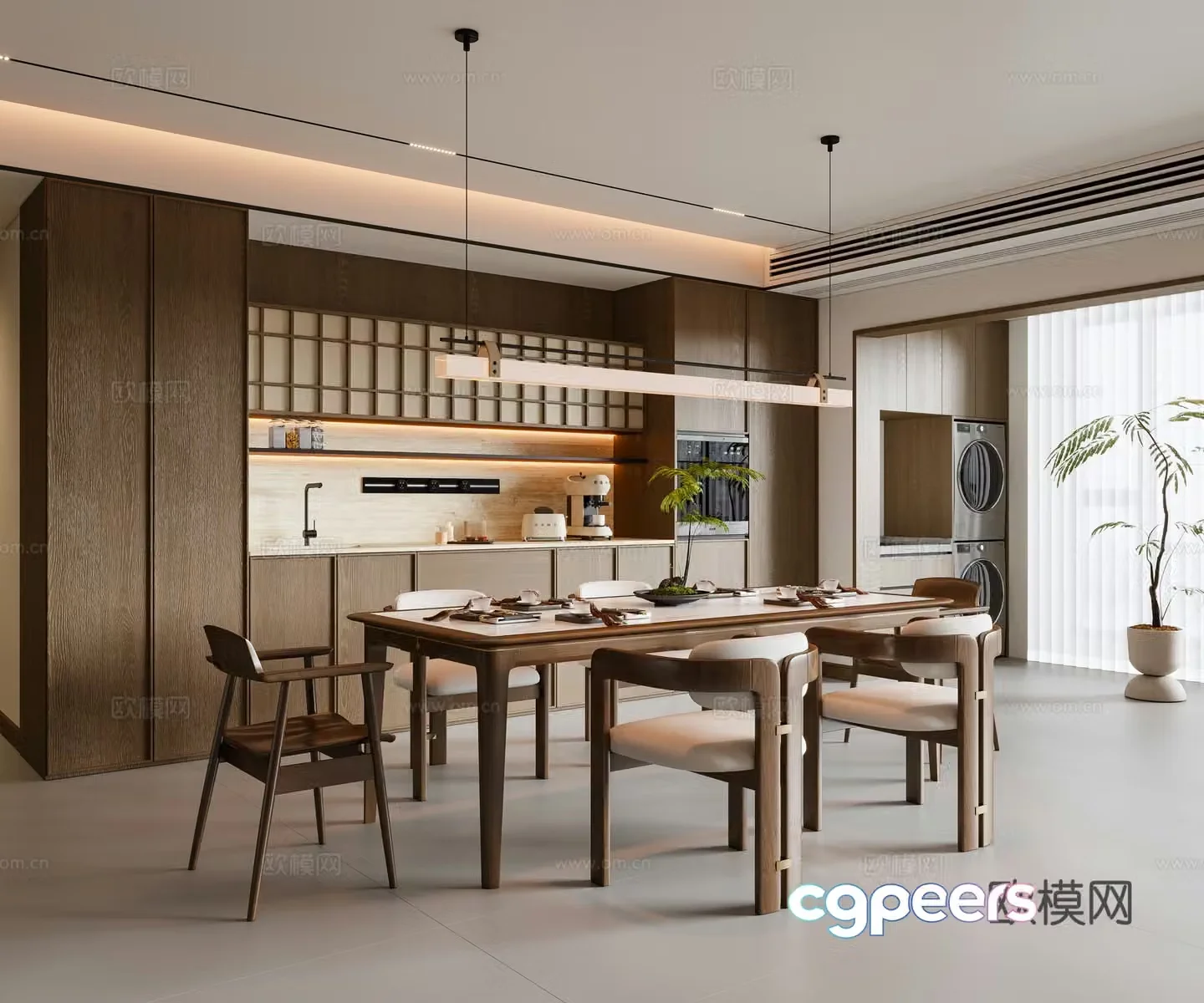 New Chinese Song style restaurant dining table and chair chandeliers sideboard wine cabinet 3D model