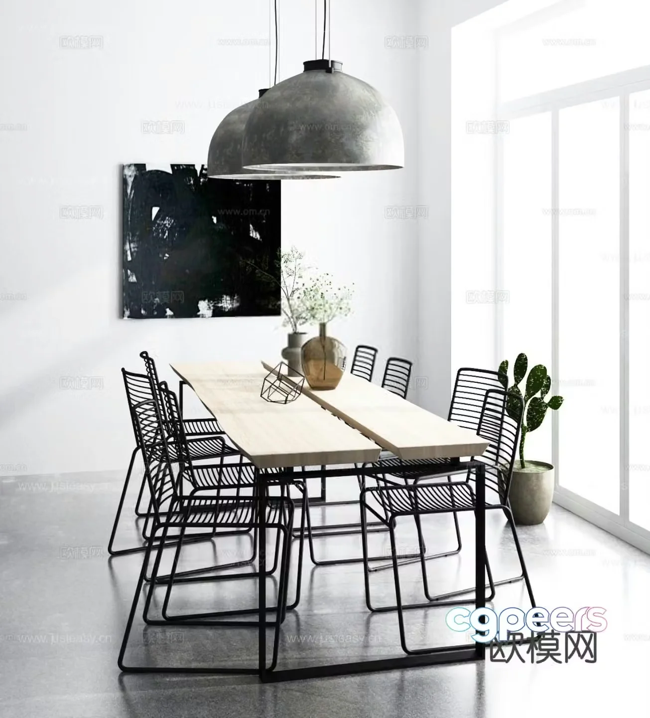 Industrial style dining table and chairs strip dining table 3D model
