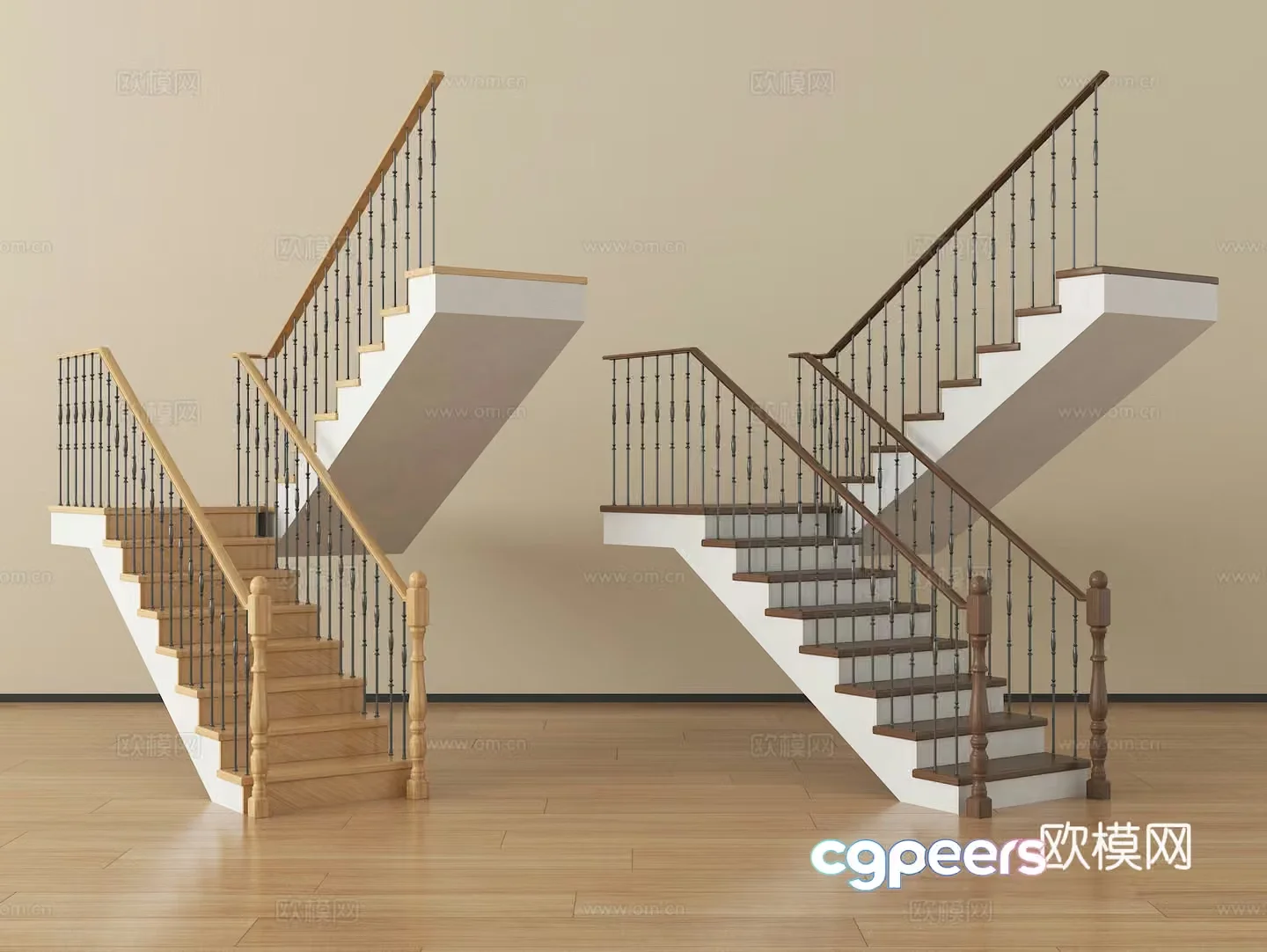 Two Sets Of Wooden Stairs With Metal Railings 3D Model – 17371 – VRAY Render