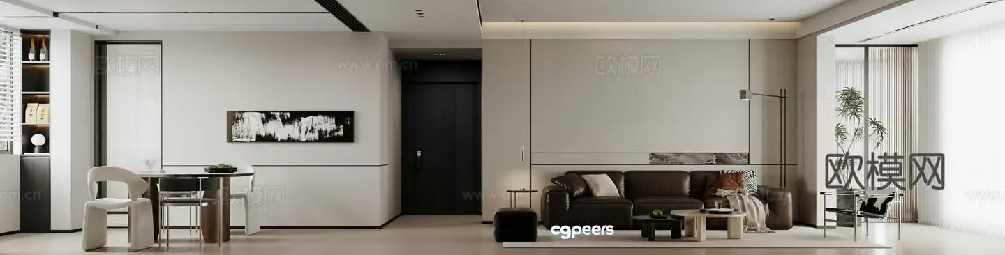 Modern black white and gray living and dining room kitchen 3d model