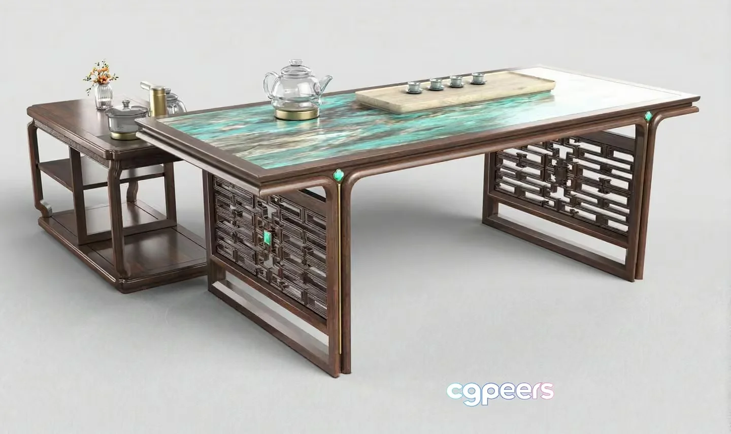 A Wooden Table With A Glass Top 3D Model – 6323 – VRAY Render