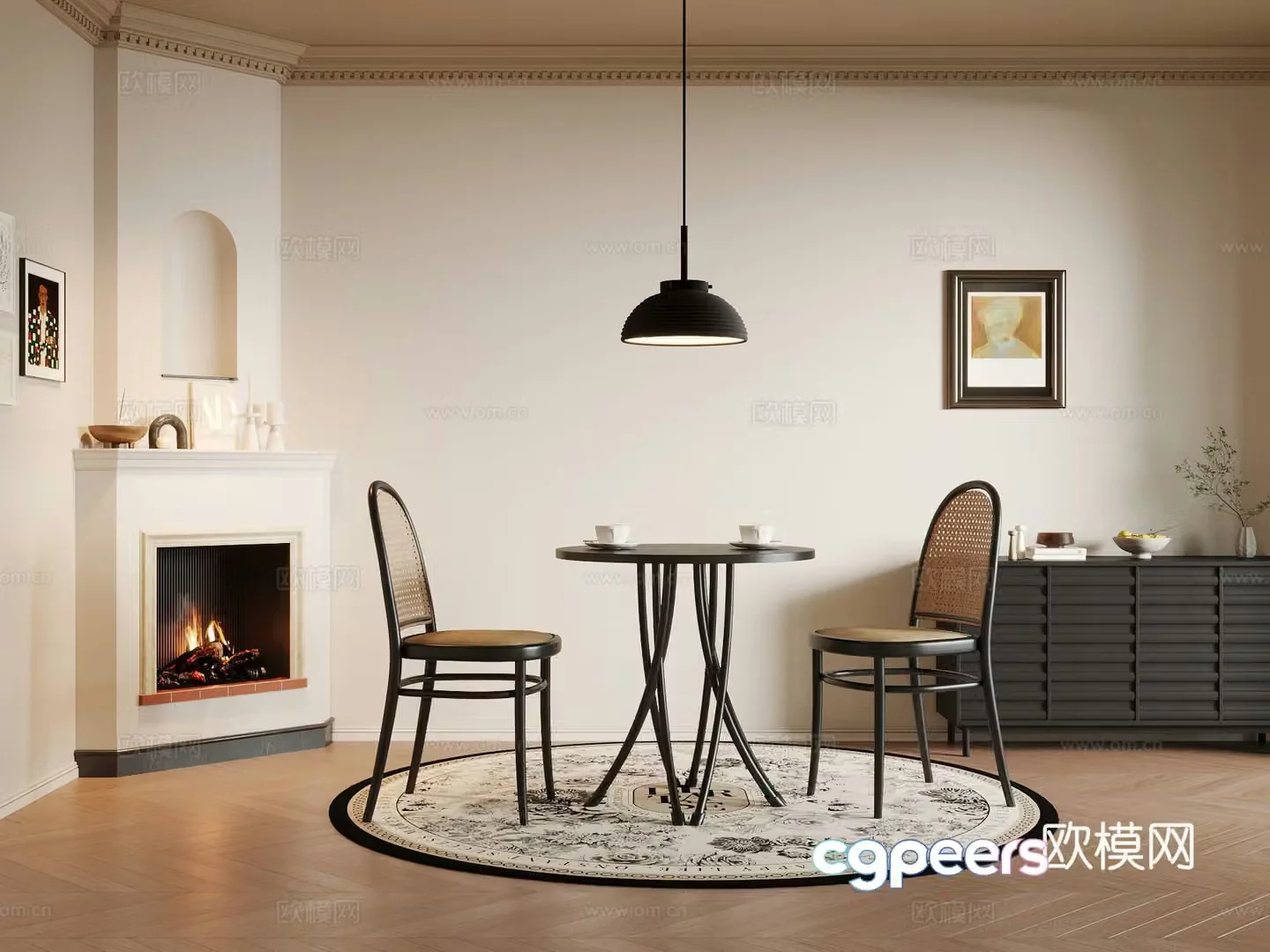 French retro style restaurant dining table and chair combination 3D model