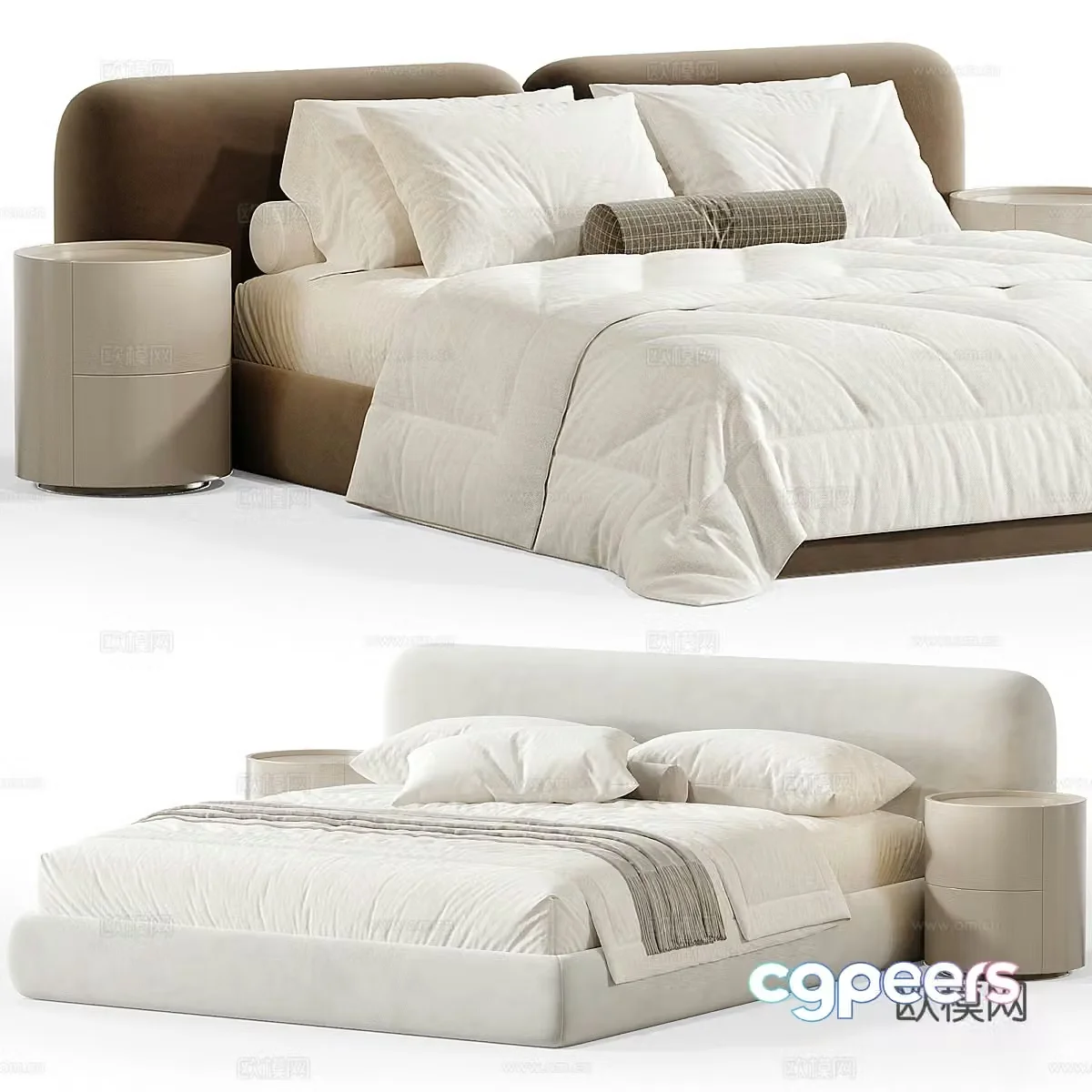 Modern cream style fabric double bed 3d model