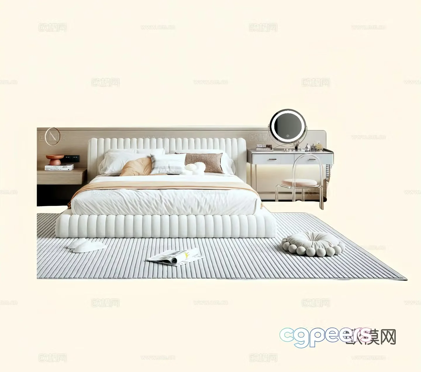Modern cream style double bed carpet dressing table 3d model