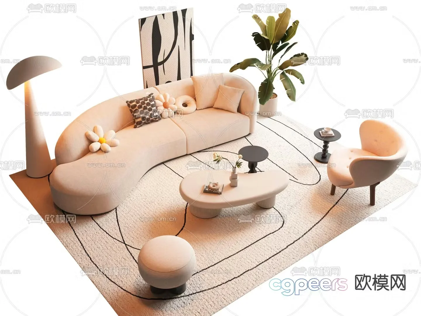 Cream style modular sofa curved sofa 3d model