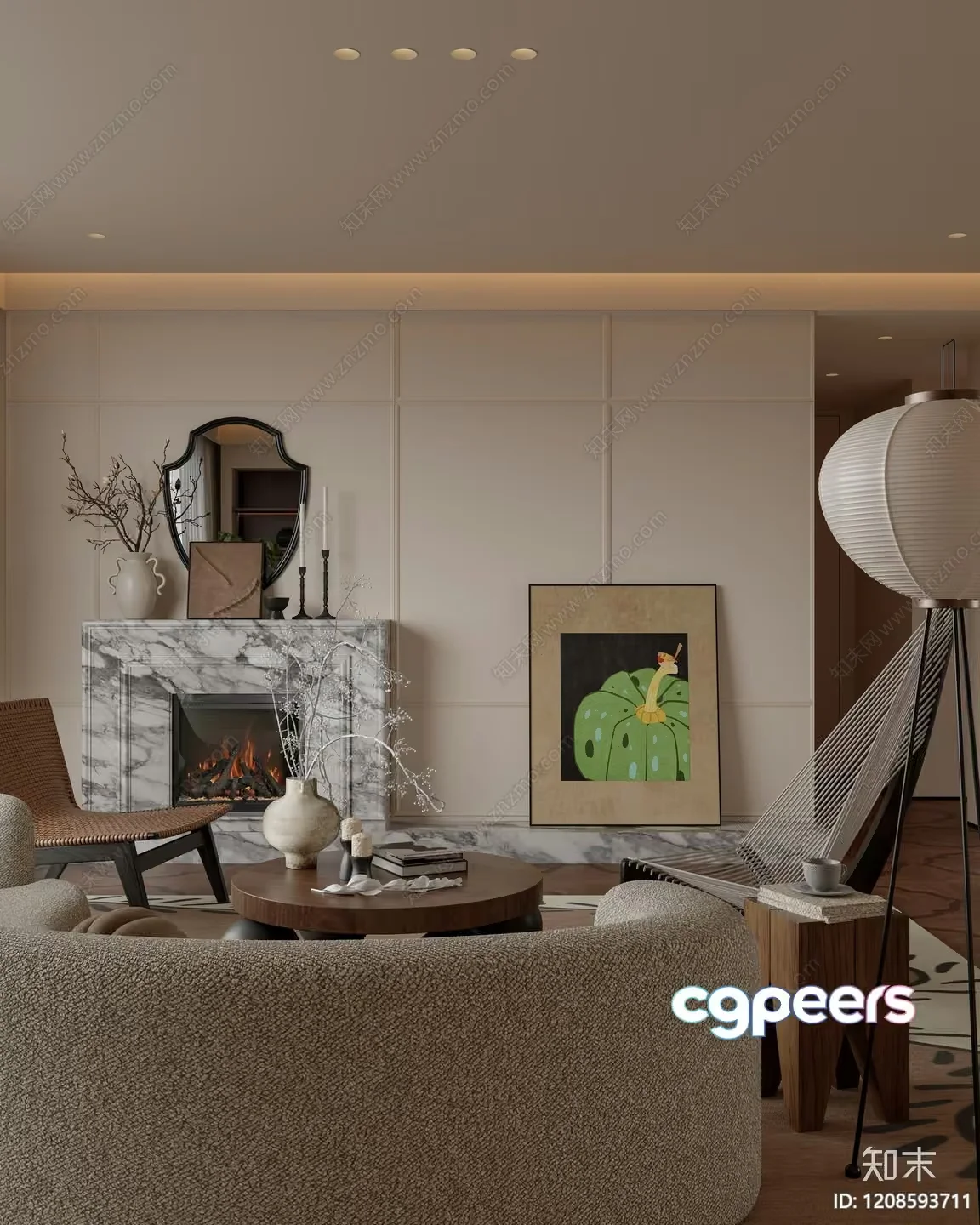 A Living Room With A Fireplace 3D Model – 212 – VRAY Render