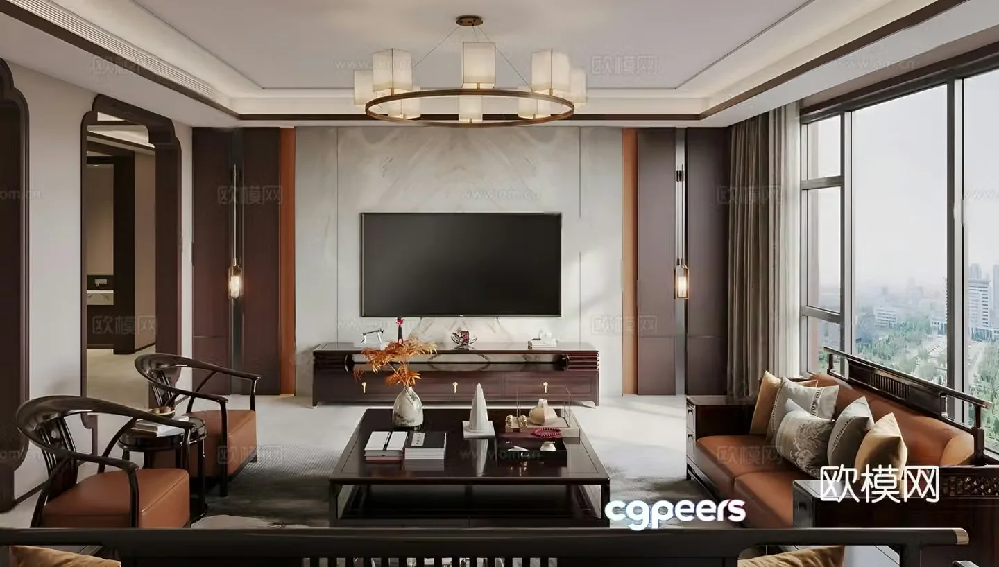 New Chinese style retro home living room sofa coffee table TV background sofa background chandelier 3d model