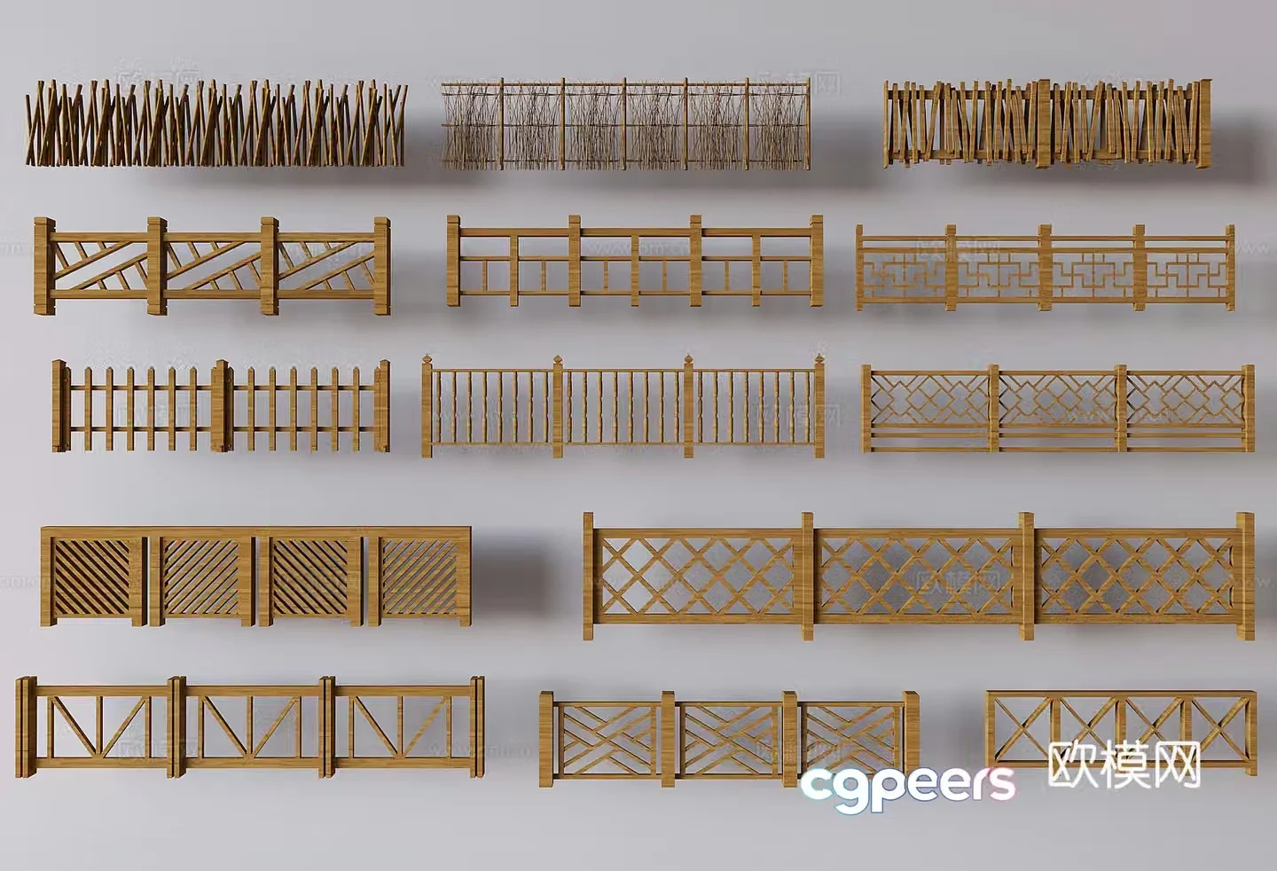 Middle style fence guardrail stairs solid wood guardrail courtyard wooden fence fence 3D model