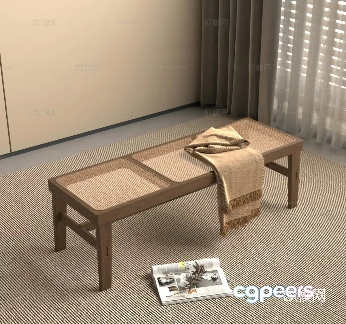 Wabi-sabi medieval rattan bench bedside stool 3D model