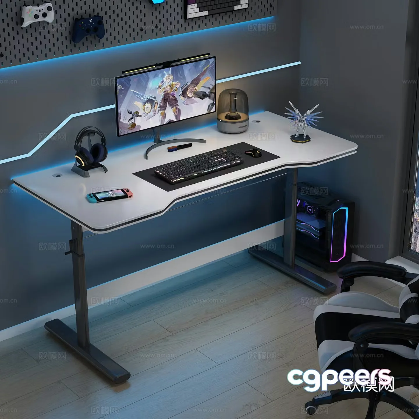 Computer desk and chair desk and chair computer supplies headphones handle audio hole board 3d model