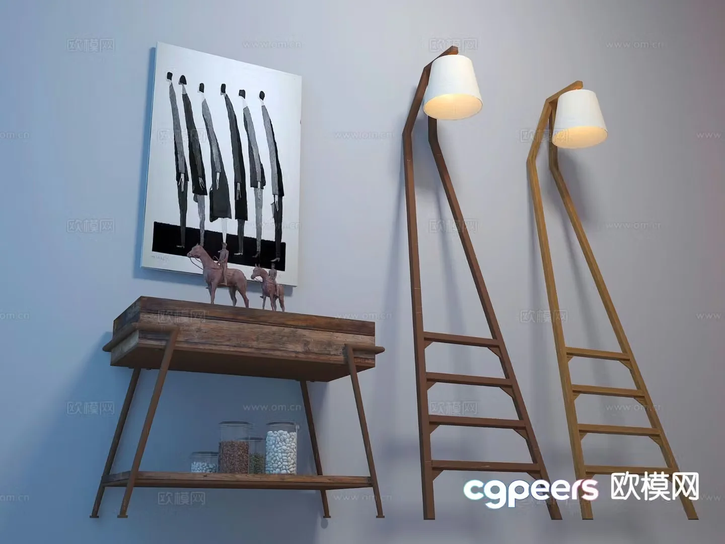 Industrial style ladder floor lamp side cabinet hanging picture 3d model