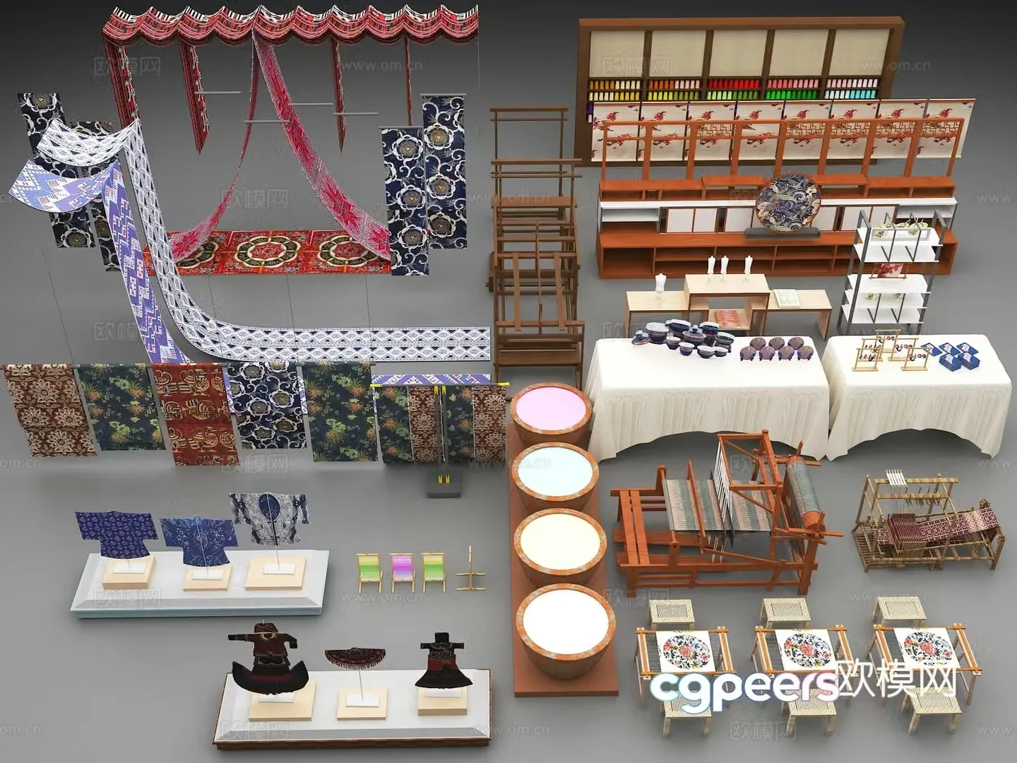 Chinese style fabric dyeing workshop ancient loom satin national costume sketch 3D model